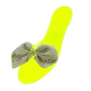 Neon yellow rhinestone bow jelly slide sandals